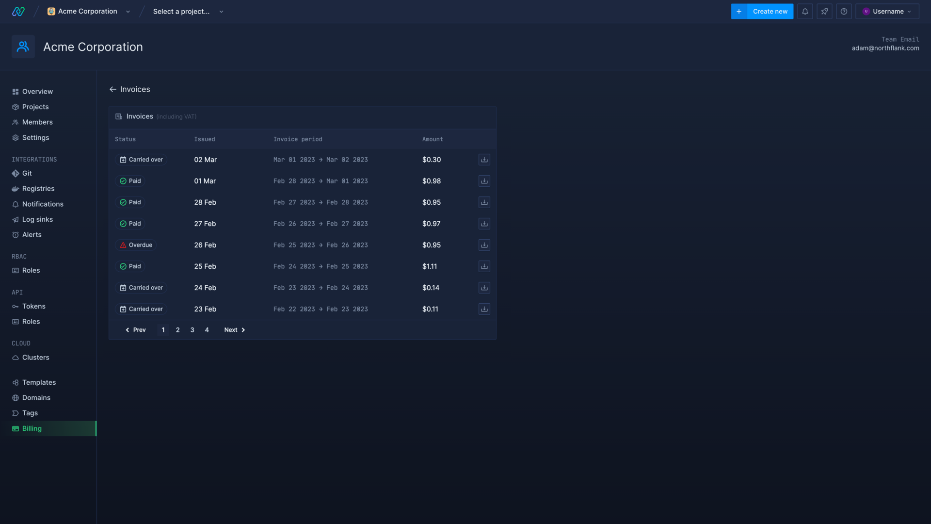 A list of invoices in the Northflank application