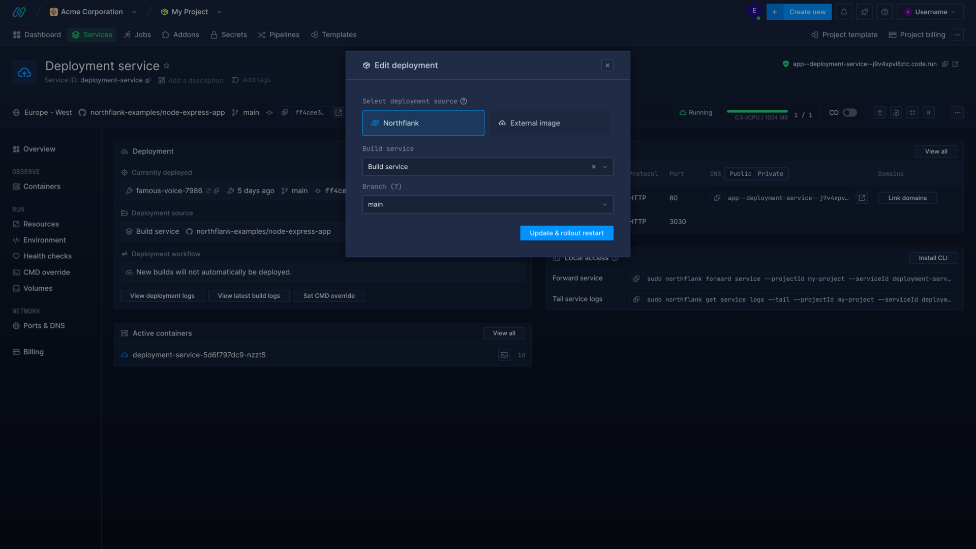 Changing the deployment source in the Northflank application
