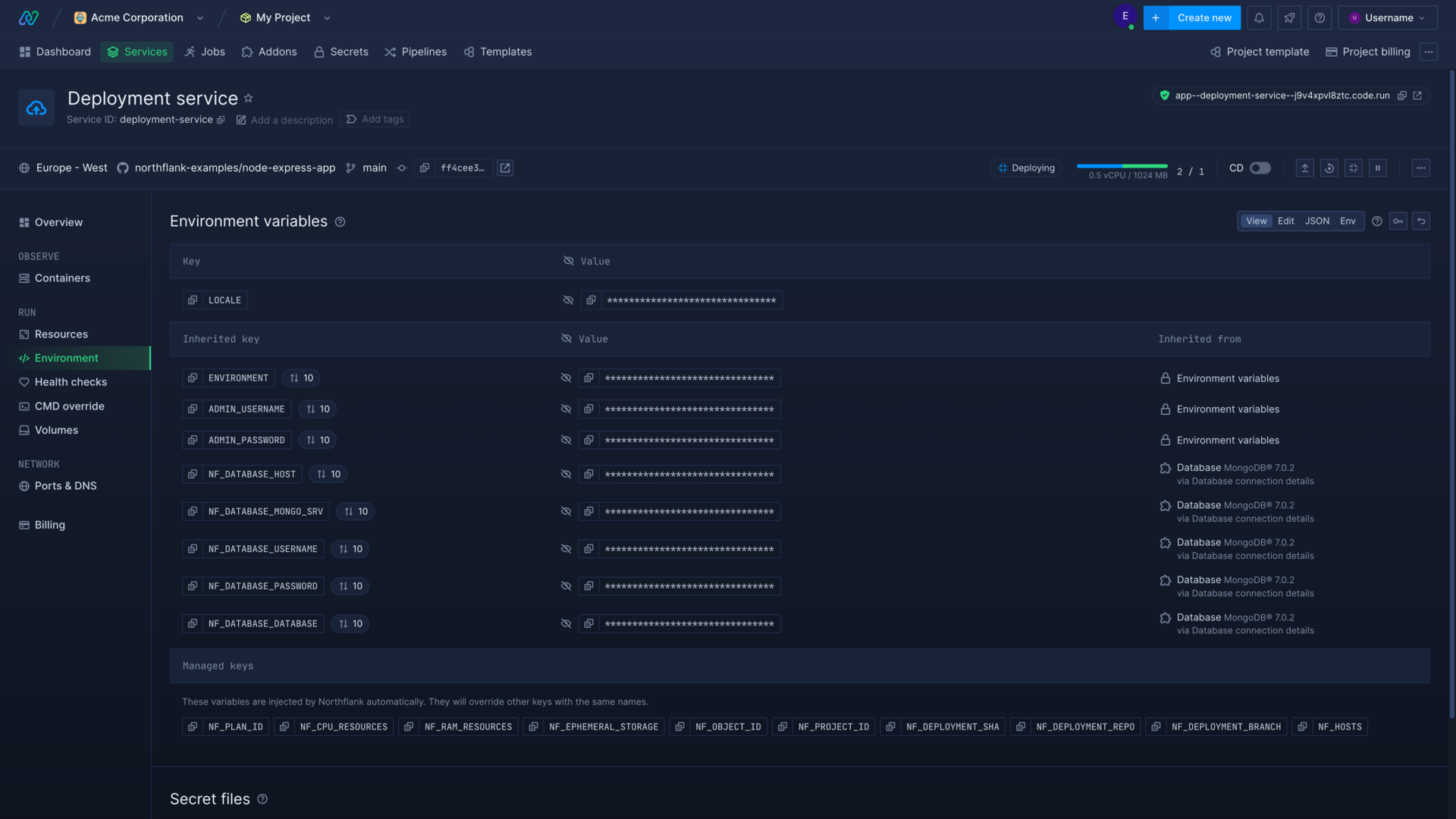 Editing runtime variables in the Northflank application